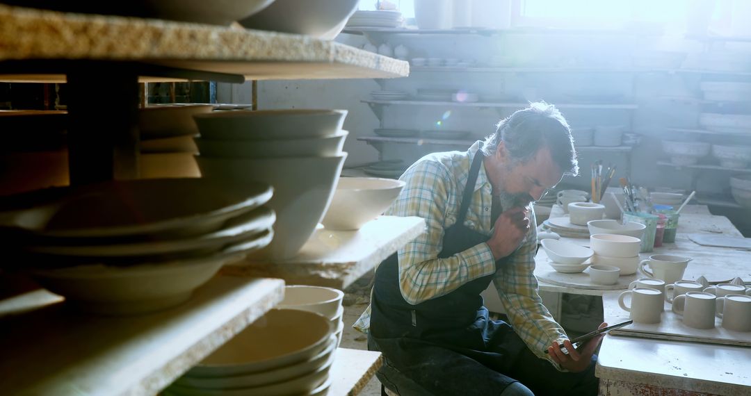 Focused Potter Working on Digital Tablet in Pottery Studio - Free Images, Stock Photos and Pictures on Pikwizard.com