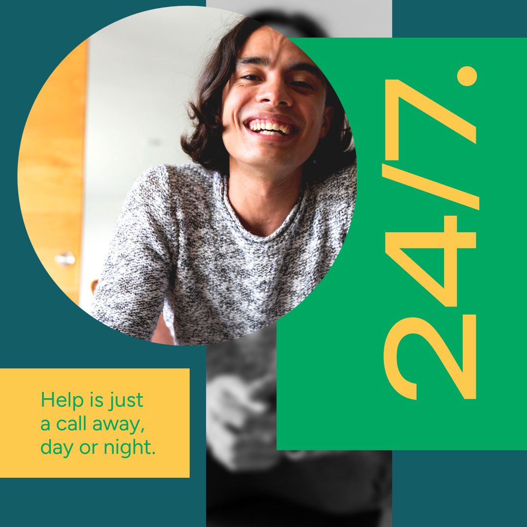 Biracial Man Smiling with 24/7 Support Message for Samaritan Awareness