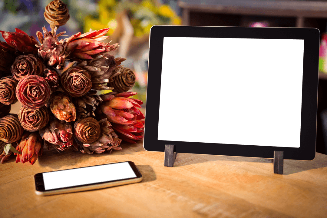 Tablet Mockup with Transparent Screen and Floral Arrangement on Wooden Table