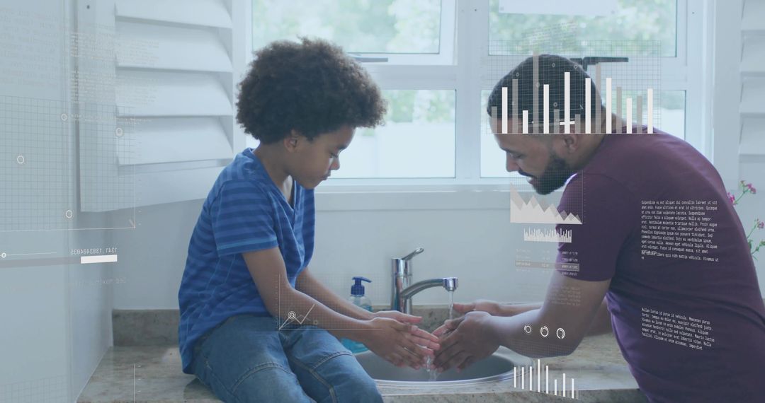 Parent guiding child washing hands at sink with digital hygiene overlays and daylight