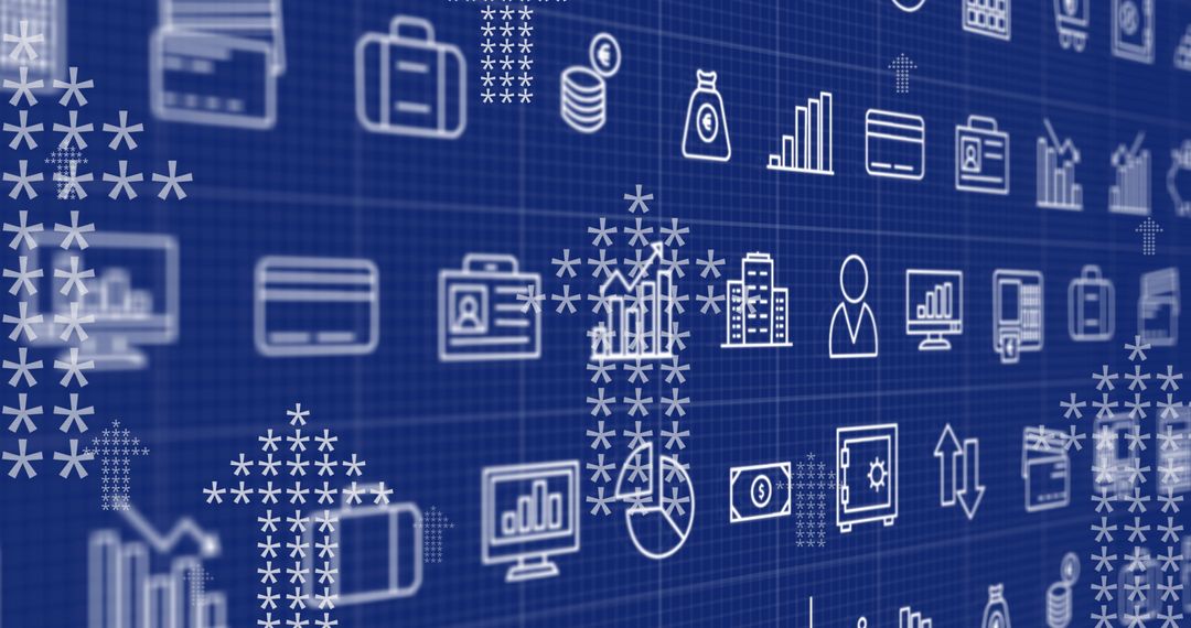 Digital Business Icons over Upwards Pattern on Blue Interface
