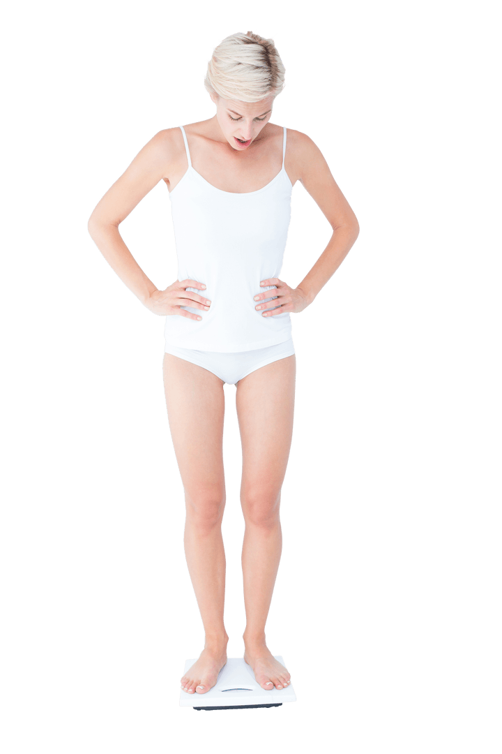 Transparent Image of Woman Surprised by Weight on Scale