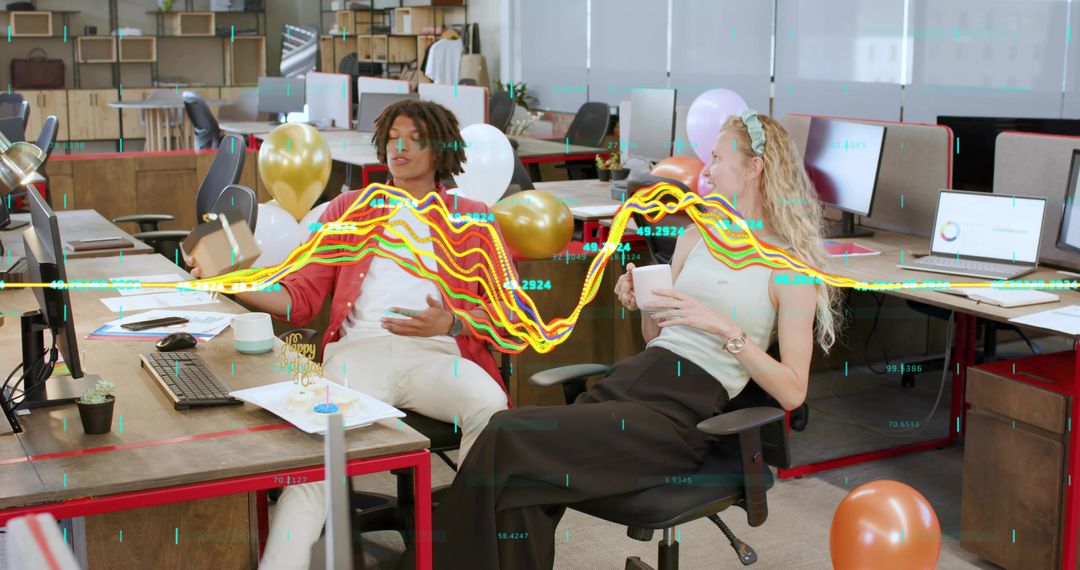 Coworkers celebrating with cake and balloons in open office with digital waveform overlay