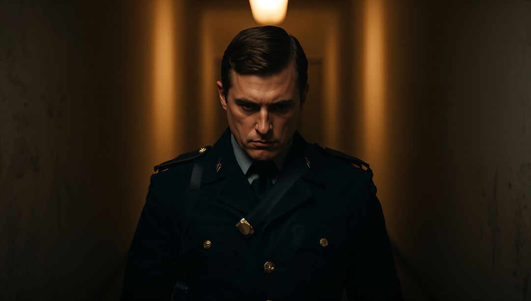 Solemn Police Officer in Uniform Standing Alone