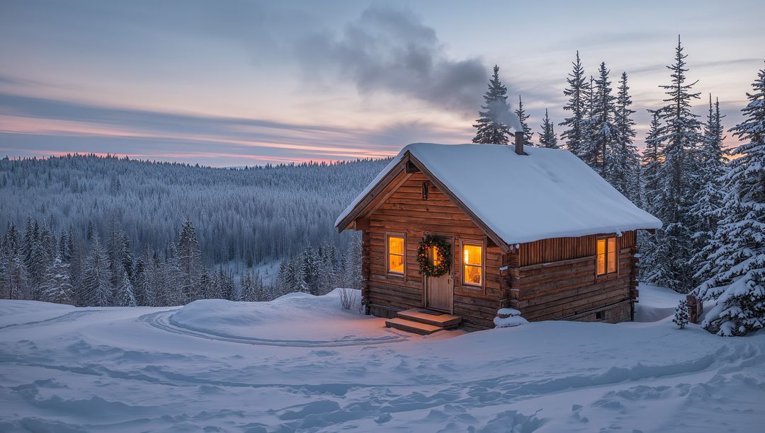 Cozy log cabin glowing through snowy windows with wreath at winter dusk in pine forest