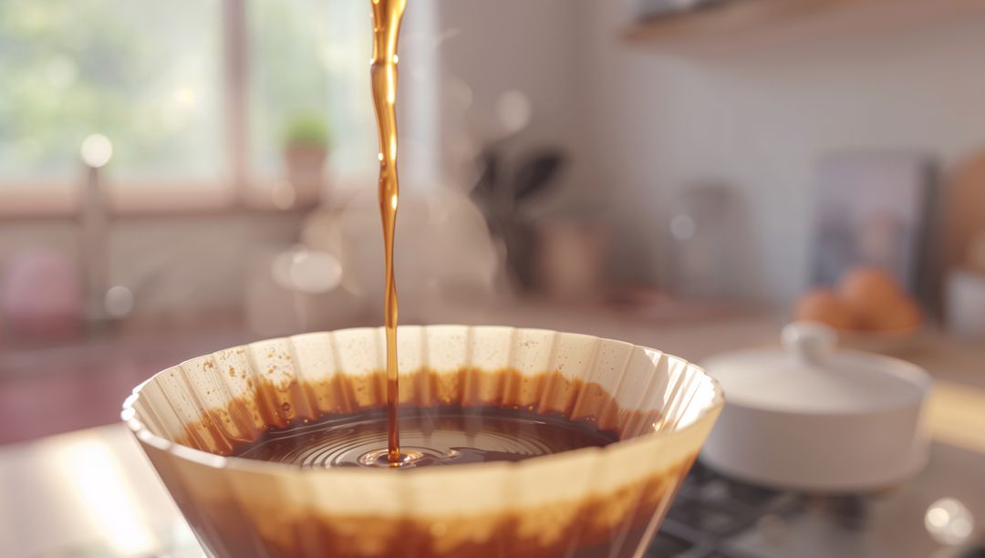 Rich Coffee Stream Flowing Through Dripper on Kitchen Counter
