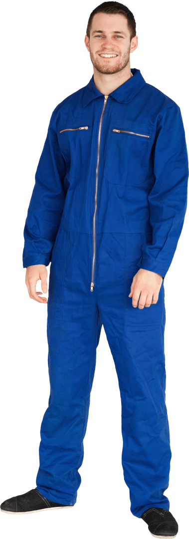 Smiling Young Mechanic in Blue Boiler Suit on Transparent Background