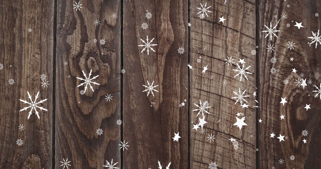 Rustic Wood Background with Floating Snowflakes and Stars