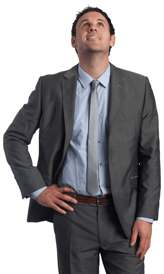Smiling Businessman in Gray Suit Looking Upward Transparent Background
