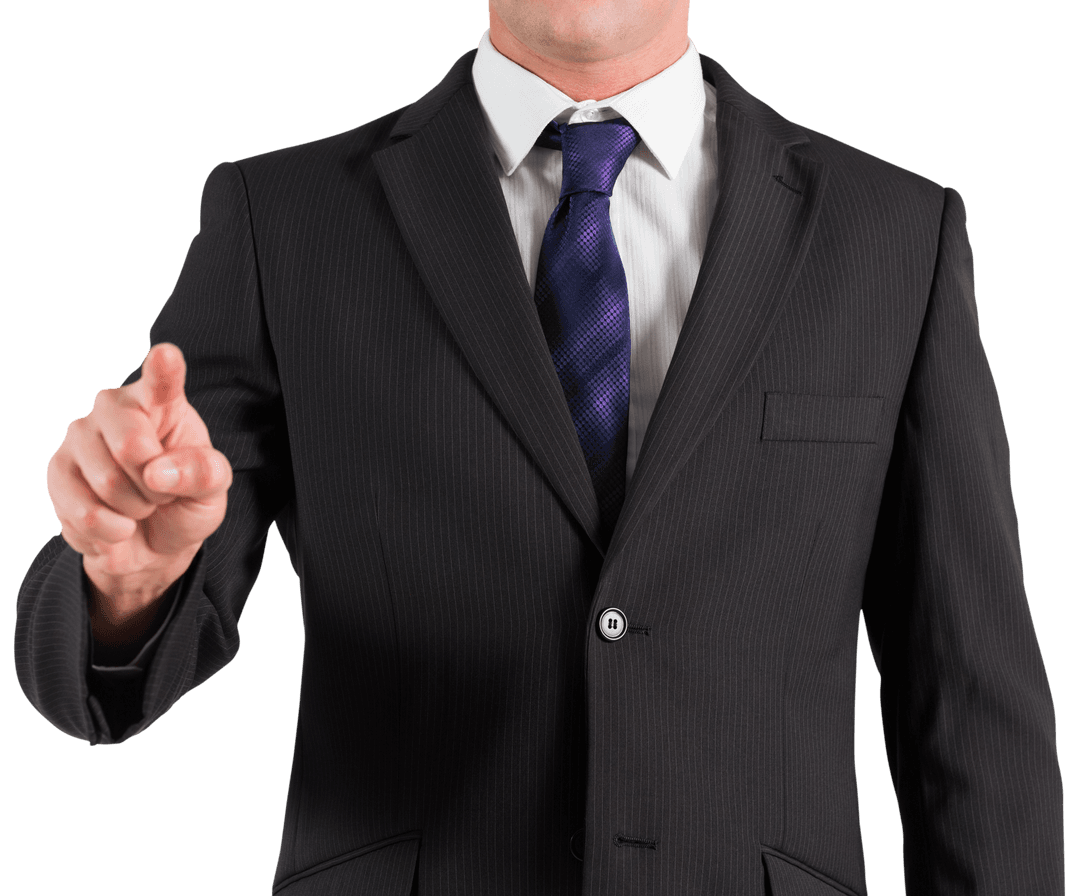 Confident Businessman Standing and Pointing Gesture on Transparent Background