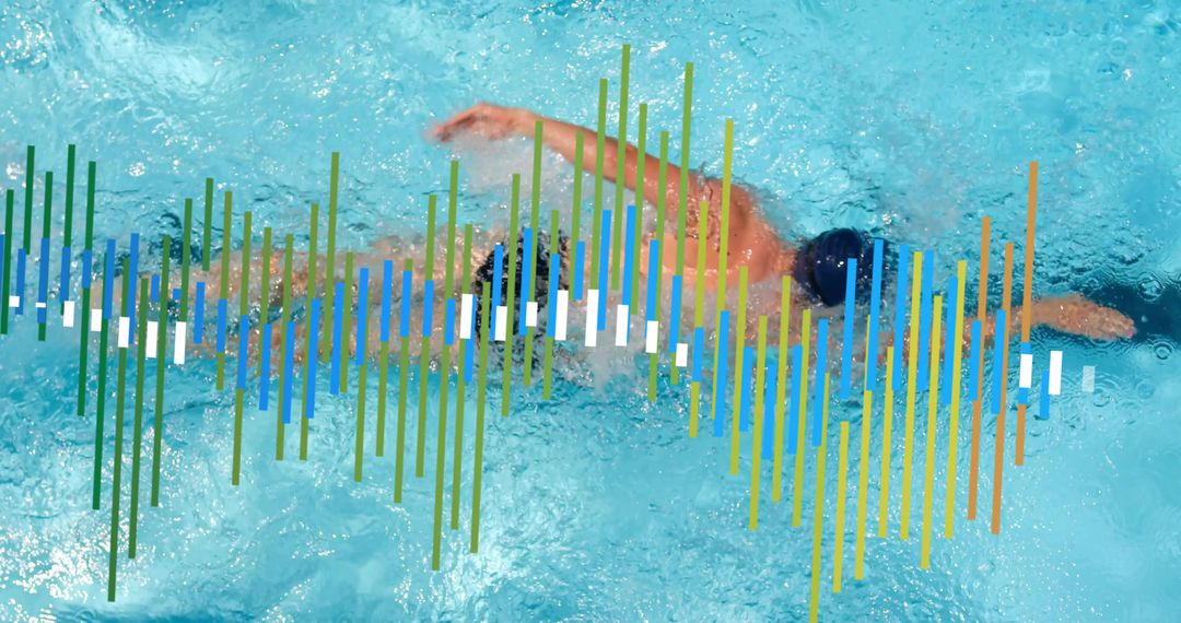 Competitive swimmer powering freestyle stroke in blue pool with colorful waveform overlay