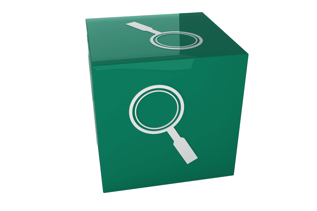 Transparent Green Cube with Magnifying Glass Symbol