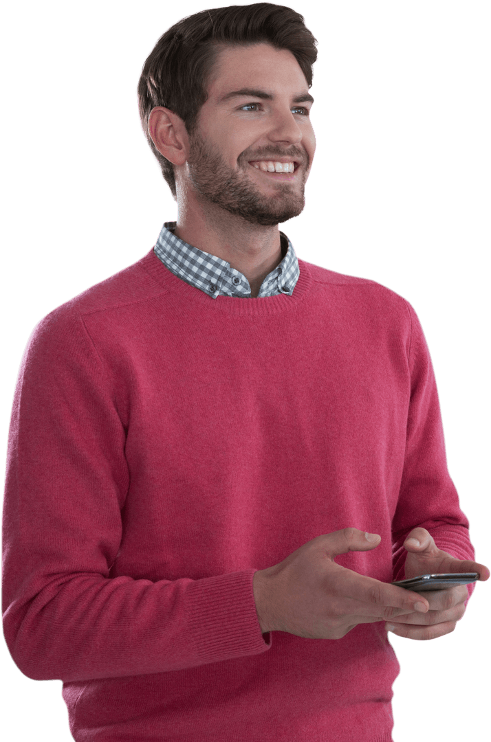 Smiling Man in Red Sweater with Mobile Phone on Transparent Background
