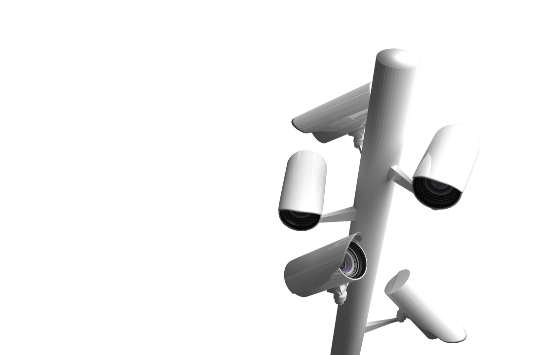 Set of CCTV Cameras on White Pole with Transparent Background