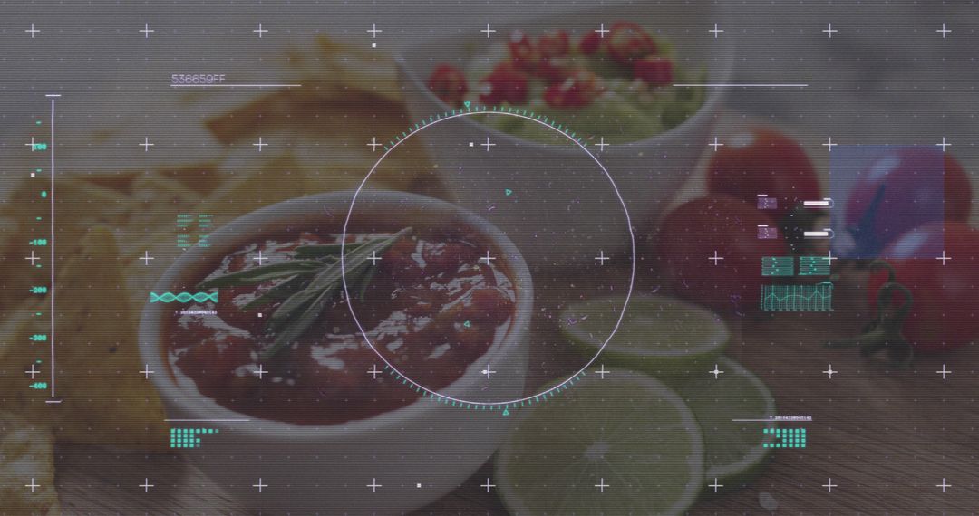 Displaying ceramic bowl of red salsa with guacamole and tortilla chips under HUD overlay