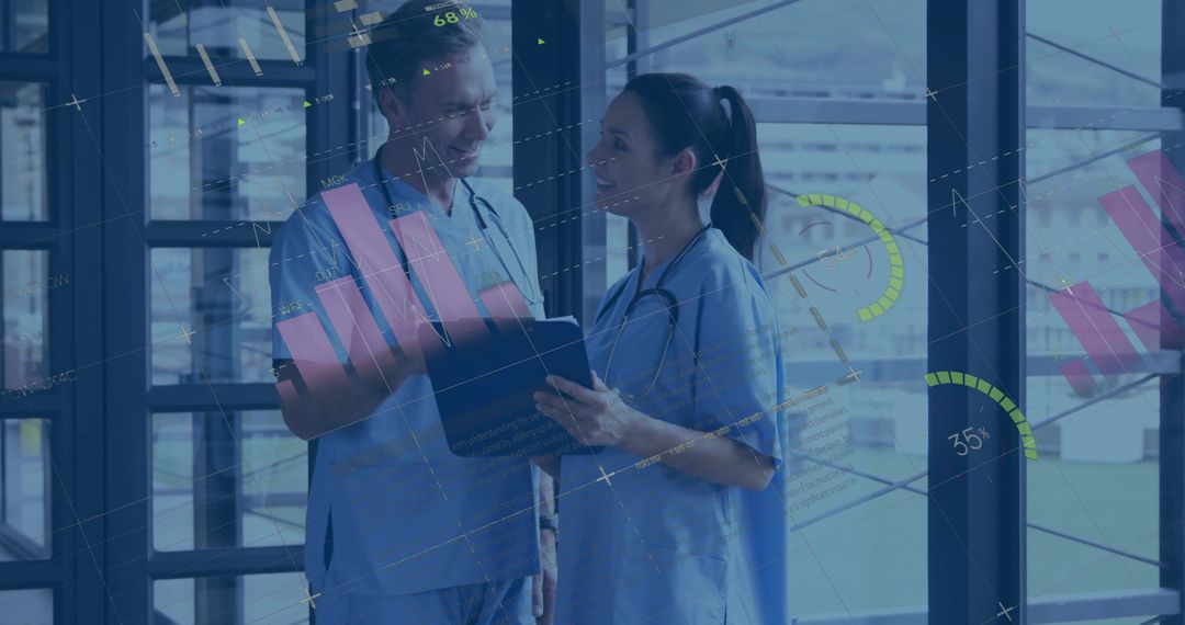 Doctors Analyzing Medical Data on Tablet in Modern Hospital Corridor