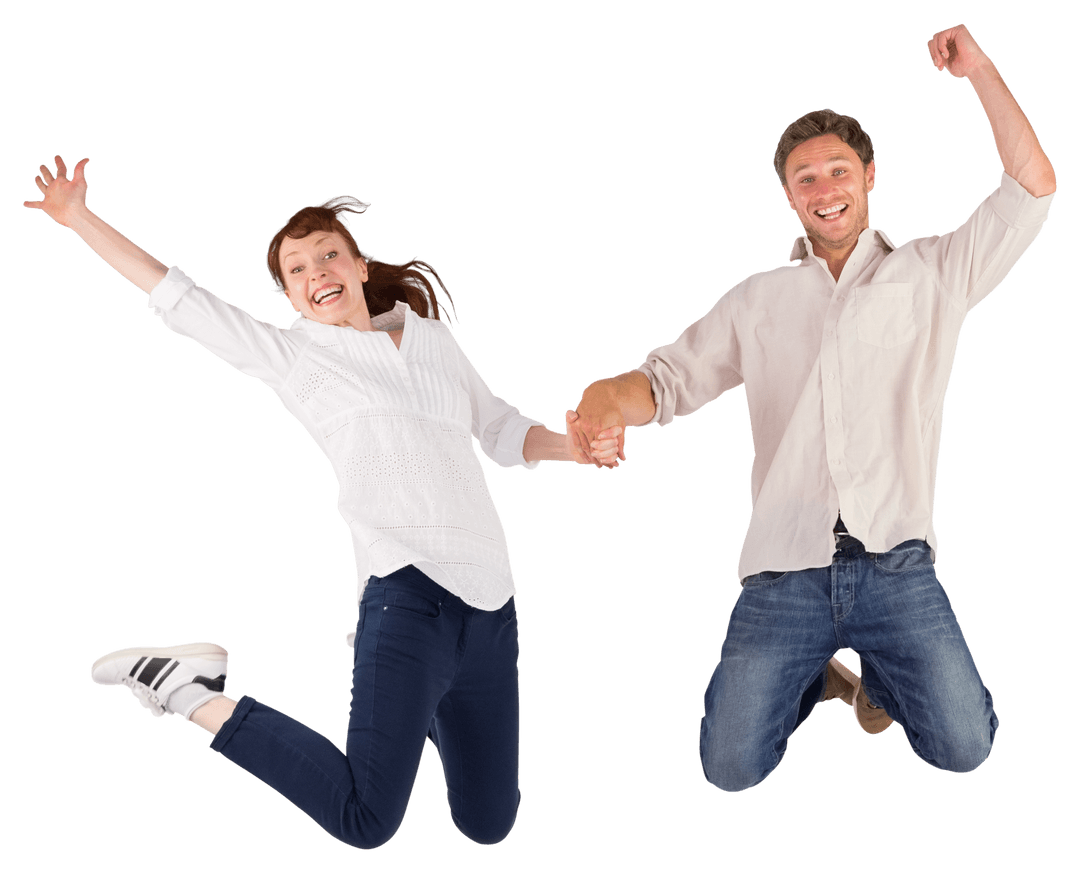 Cheerful Couple Holding Hands and Jumping Transparent Background