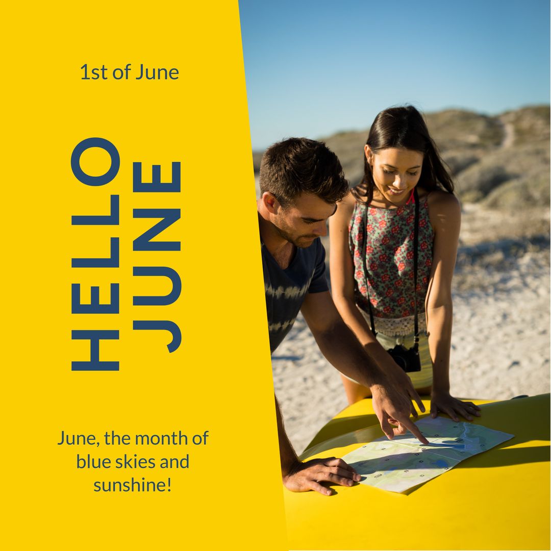 Couple Checking Map with Summer Text Overlay