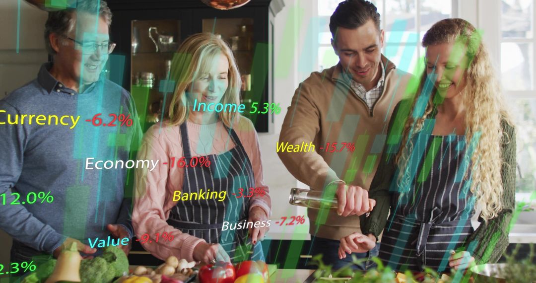 Multigenerational family cooking together with financial data overlays and fresh produce
