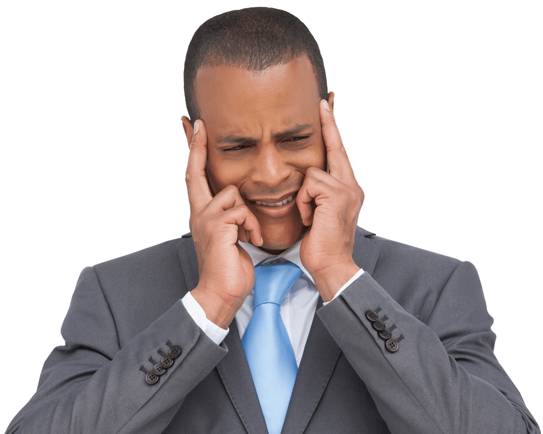 Stressed Businessman with Fingers on Temples Transparent PNG