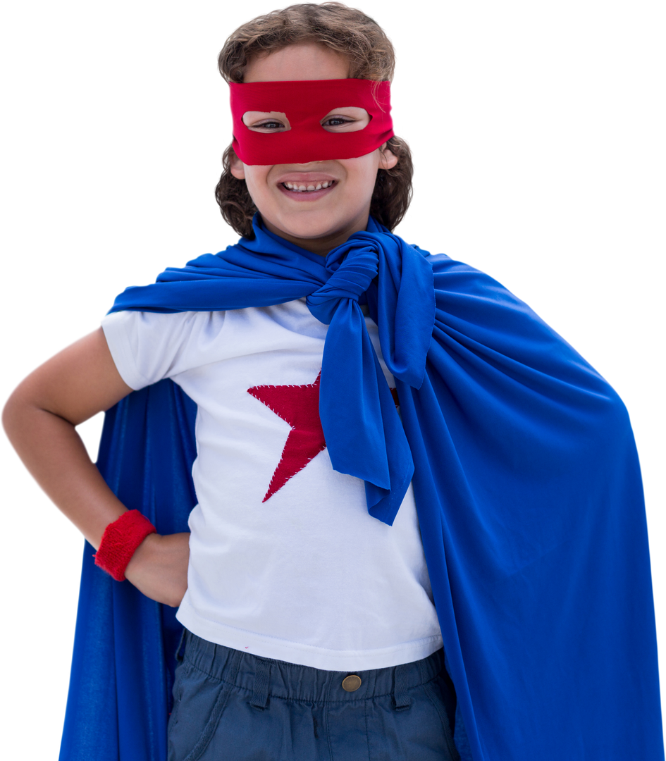 Girl in Superhero Costume with Blue Cape and Red Mask on Transparent Background - Download Free Stock Images Pikwizard.com