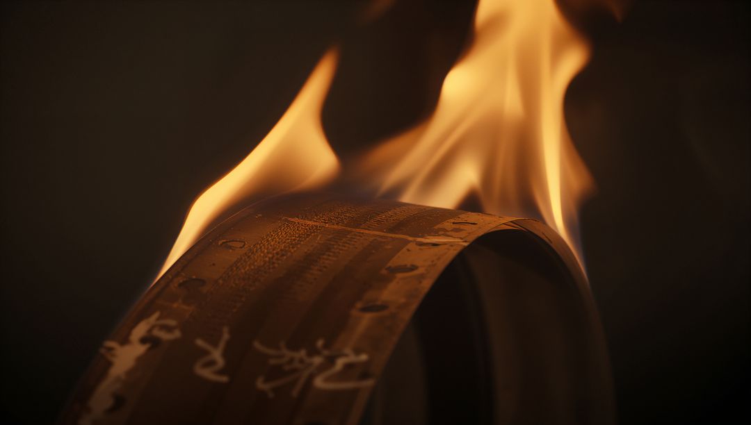 Curved Wooden Band Engulfed in Flames with White Calligraphy