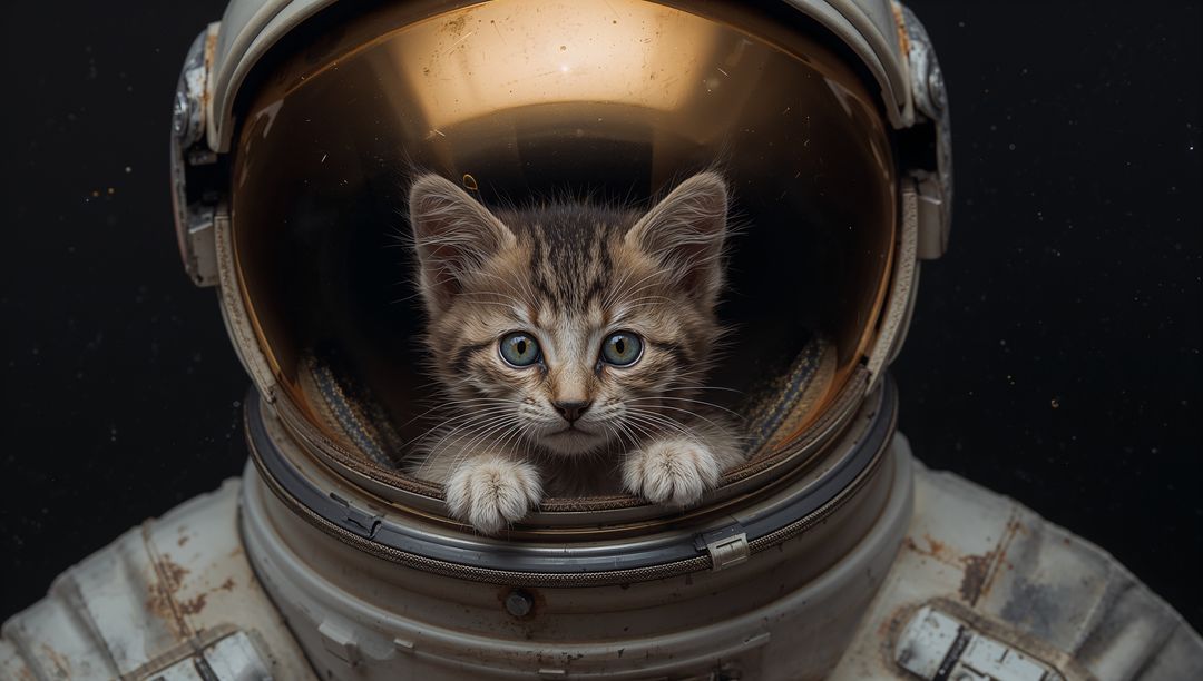 Curious tabby kitten peering from vintage astronaut helmet with golden visor