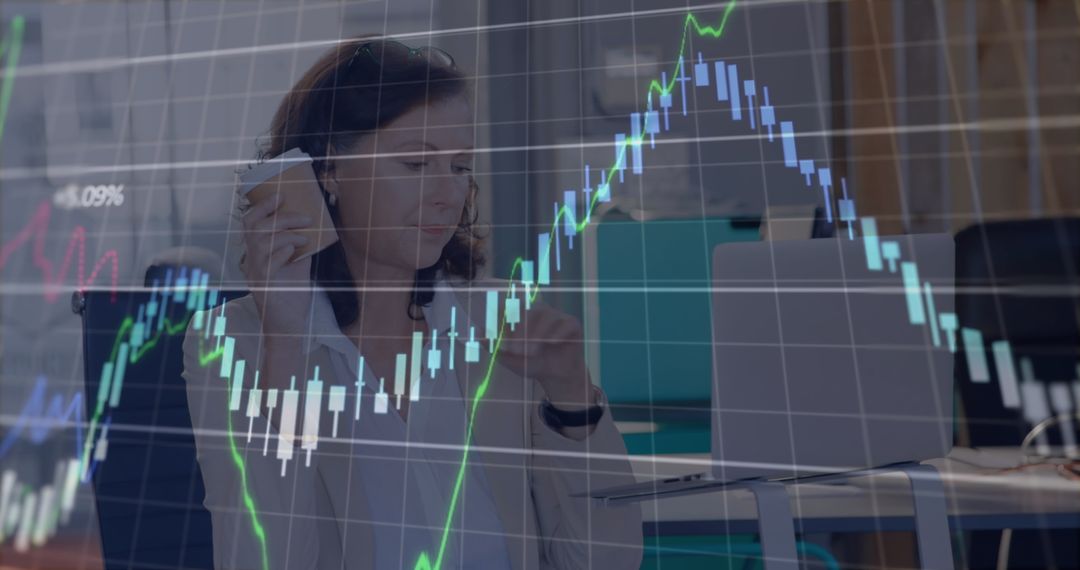 Businesswoman Analyzing Financial Charts Overlapping Workspace