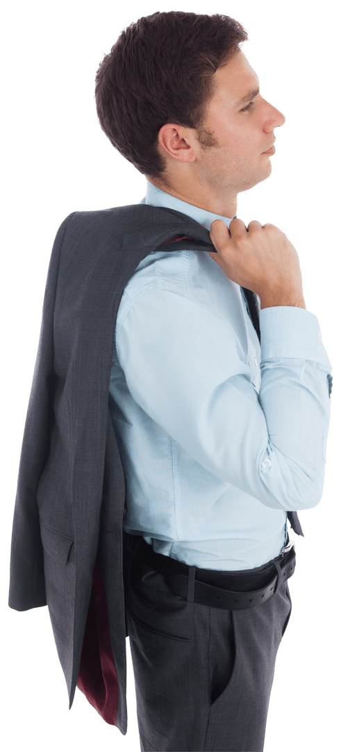 Transparent Man Holding Jacket Over Shoulder Side View