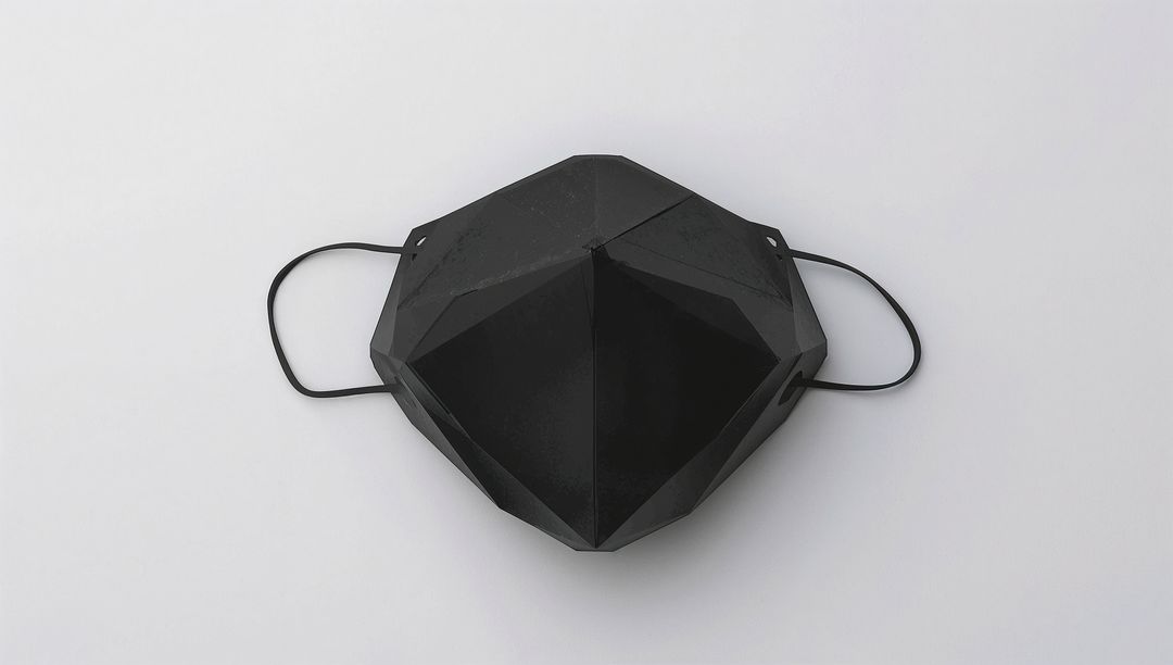 Black Geometric Faceted Face Mask Lying on Minimal White Background for E-commerce