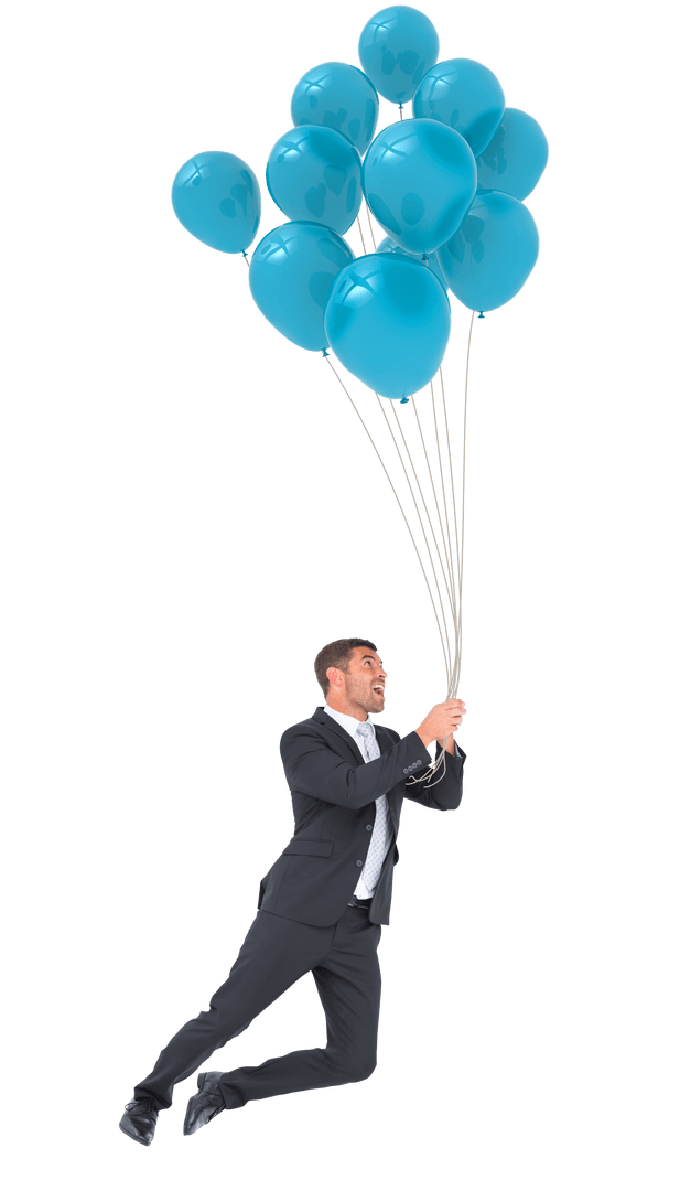 Businessman Floating with Blue Balloons on Transparent Background