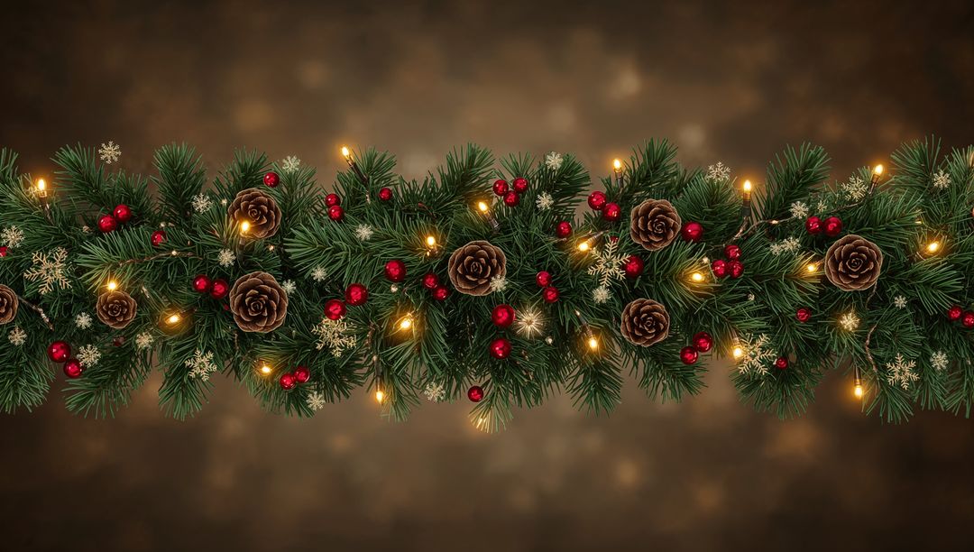 Festive Fir Garland with Pinecones, Red Berries and Warm Lights on Brown Bokeh Background