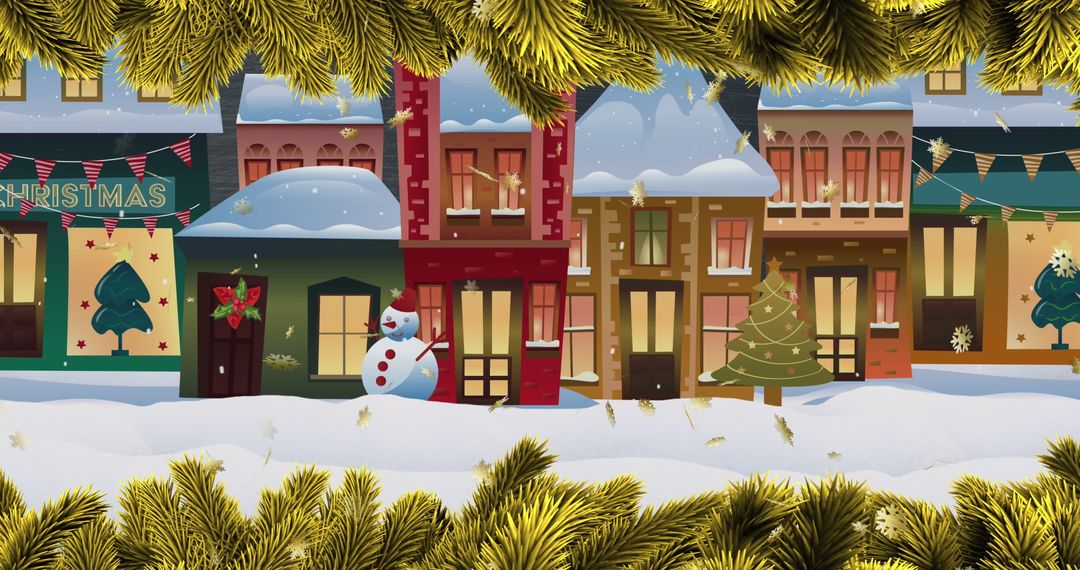 Festive Winter Village Scene with Snow and Decorations