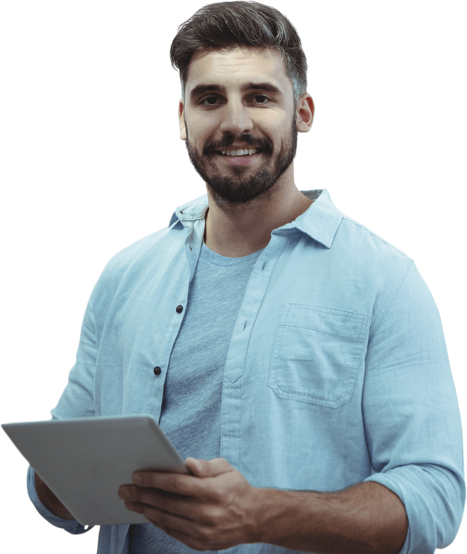 Transparent Portrait Smiling Man with Digital Tablet