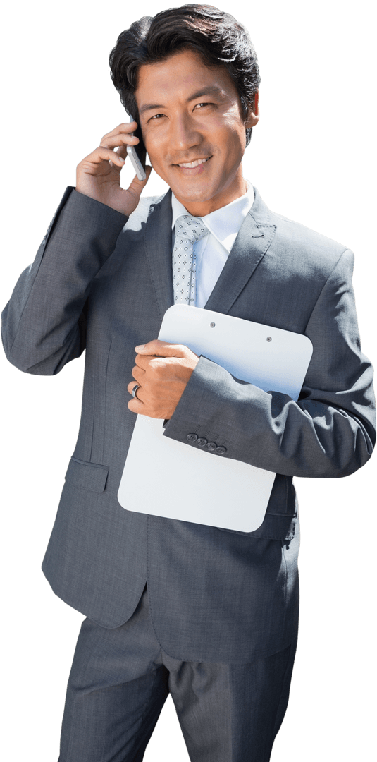 Transparent Confident Businessman Using Smartphone and Holding Files
