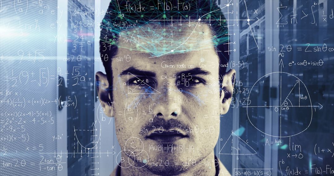 Innovative Thinker in Server Room with Floating Equations