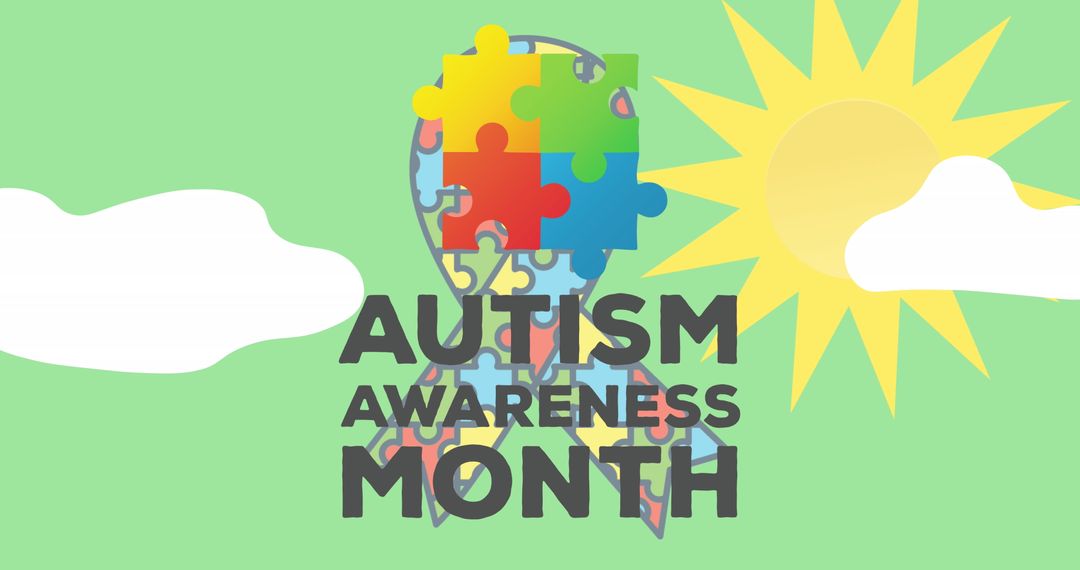 Autism Awareness Month Puzzle Ribbon on Green Background