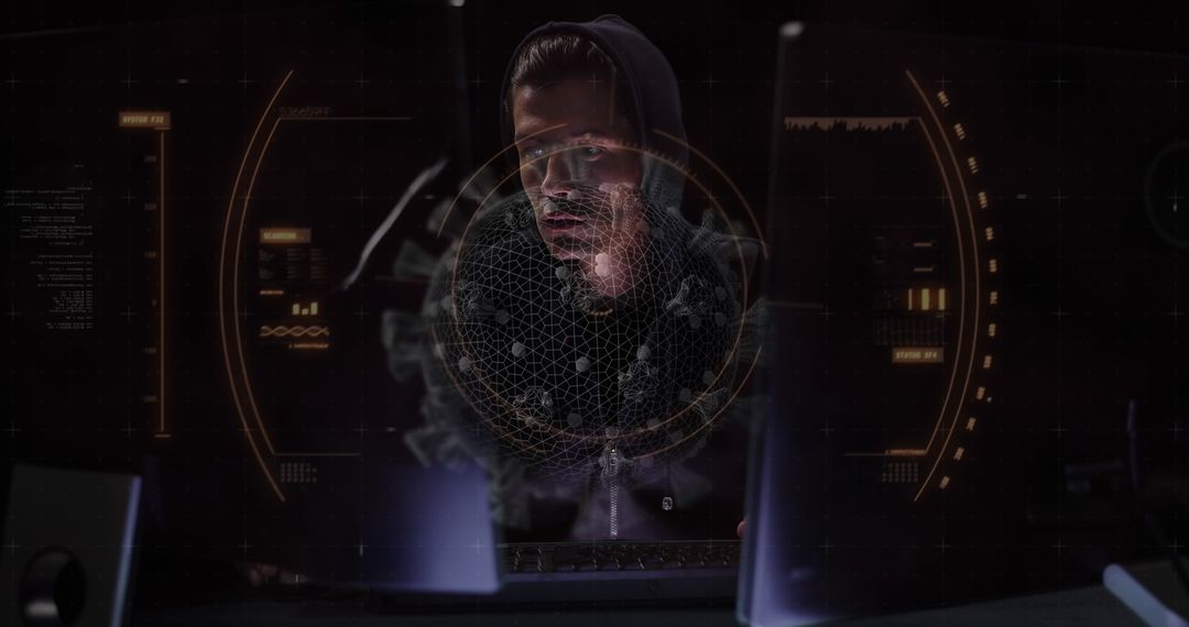 Cybersecurity Specialist in Dark Room Managing Multiple Screens