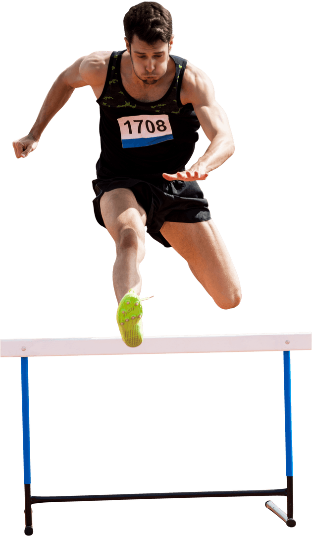 Caucasian Male Athlete Hurdling on Transparent Background