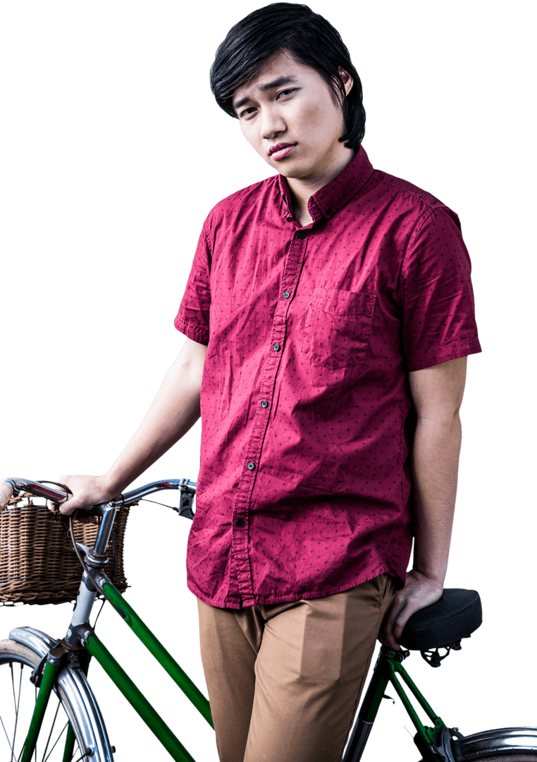 Hipster Man Relaxing with Green Bicycle Transparent Background