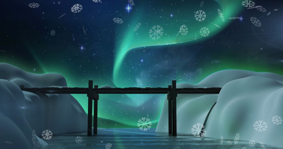 Magical Winter Scene with Snowfall and Northern Lights
