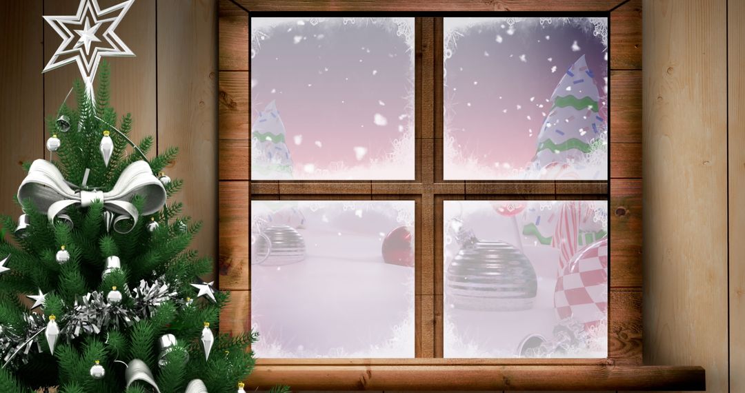 Christmas Scene with Decorated Tree and Snowy Window View - Free Images, Stock Photos and Pictures on Pikwizard.com