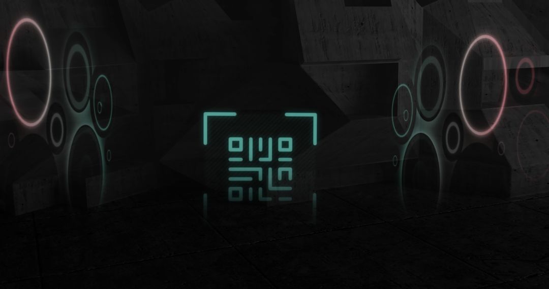 Glowing QR Code with Neon Circle Accents on Black Background