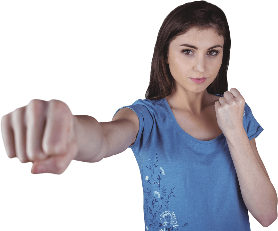 Caucasian Woman Throwing Punch on Transparent Background