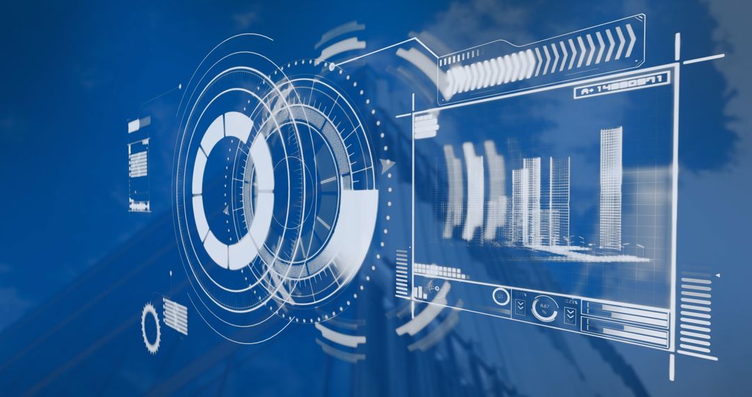 Futuristic Data Interface Overlay on Skyscraper