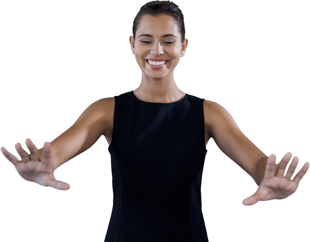 Smiling Businesswoman Interacting with Transparent Display
