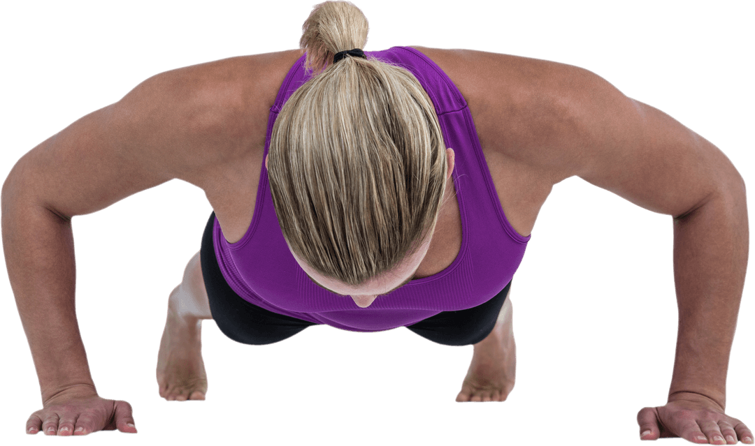 Transparent Muscular Woman Performing Push Ups in Purple Top