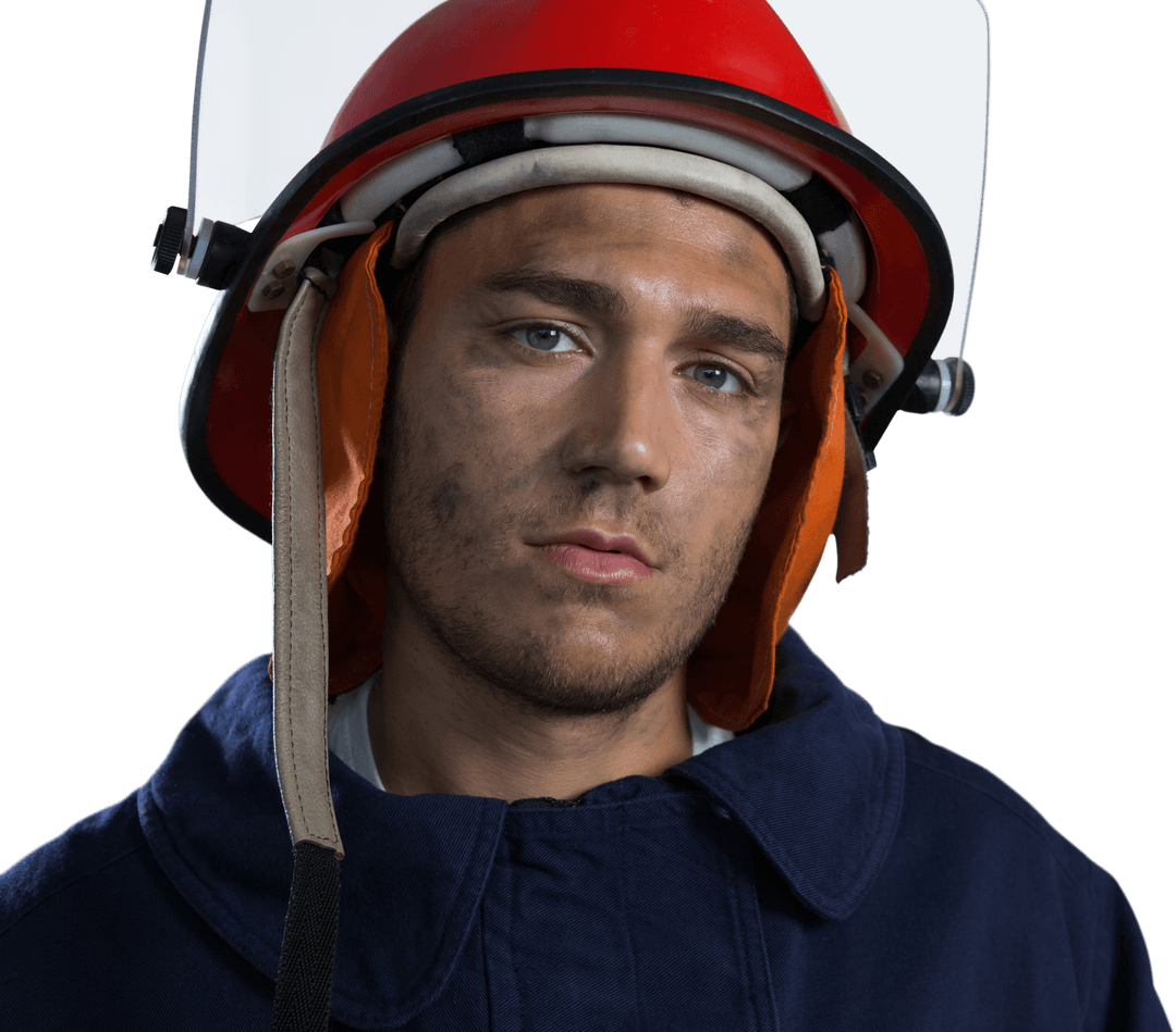 Portrait of Determined Firefighter in Helmet on Transparent Background