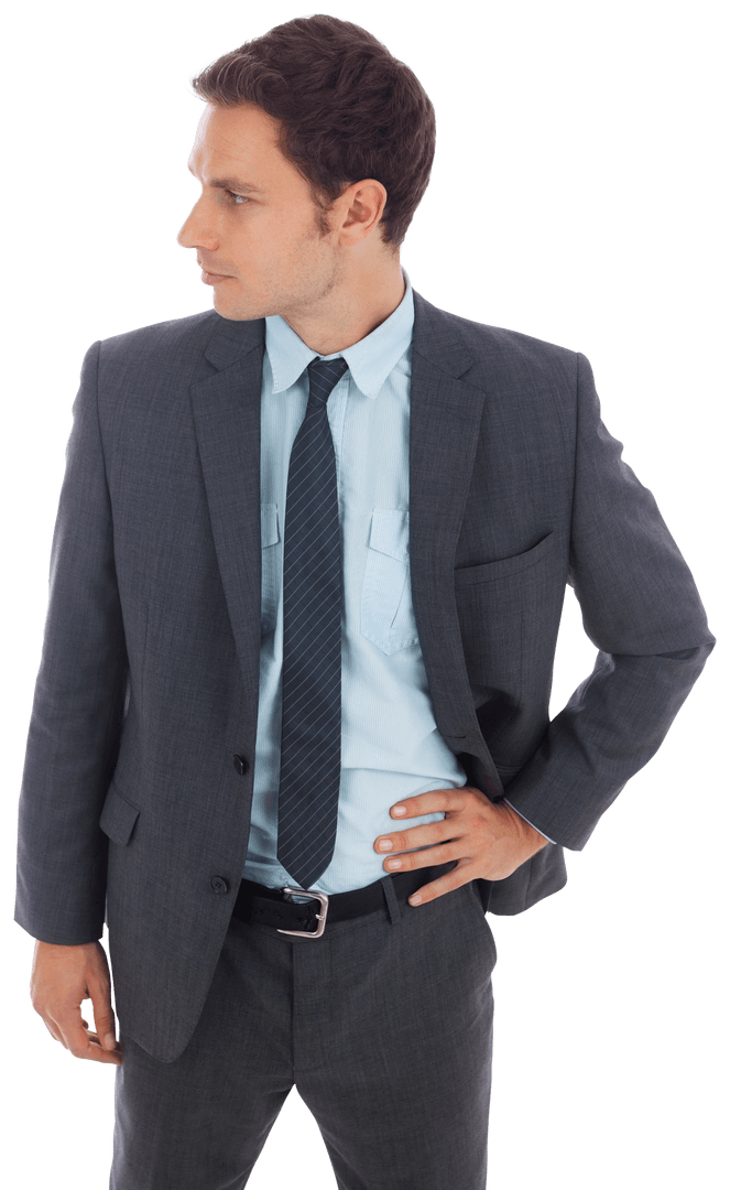 Transparent Businessman in Suit Looking Sideways with Hand on Hip