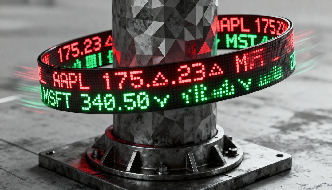 LED Stock Ticker Ribbon Wrapping Faceted Metal Column with Bolted Base and Motion Blur